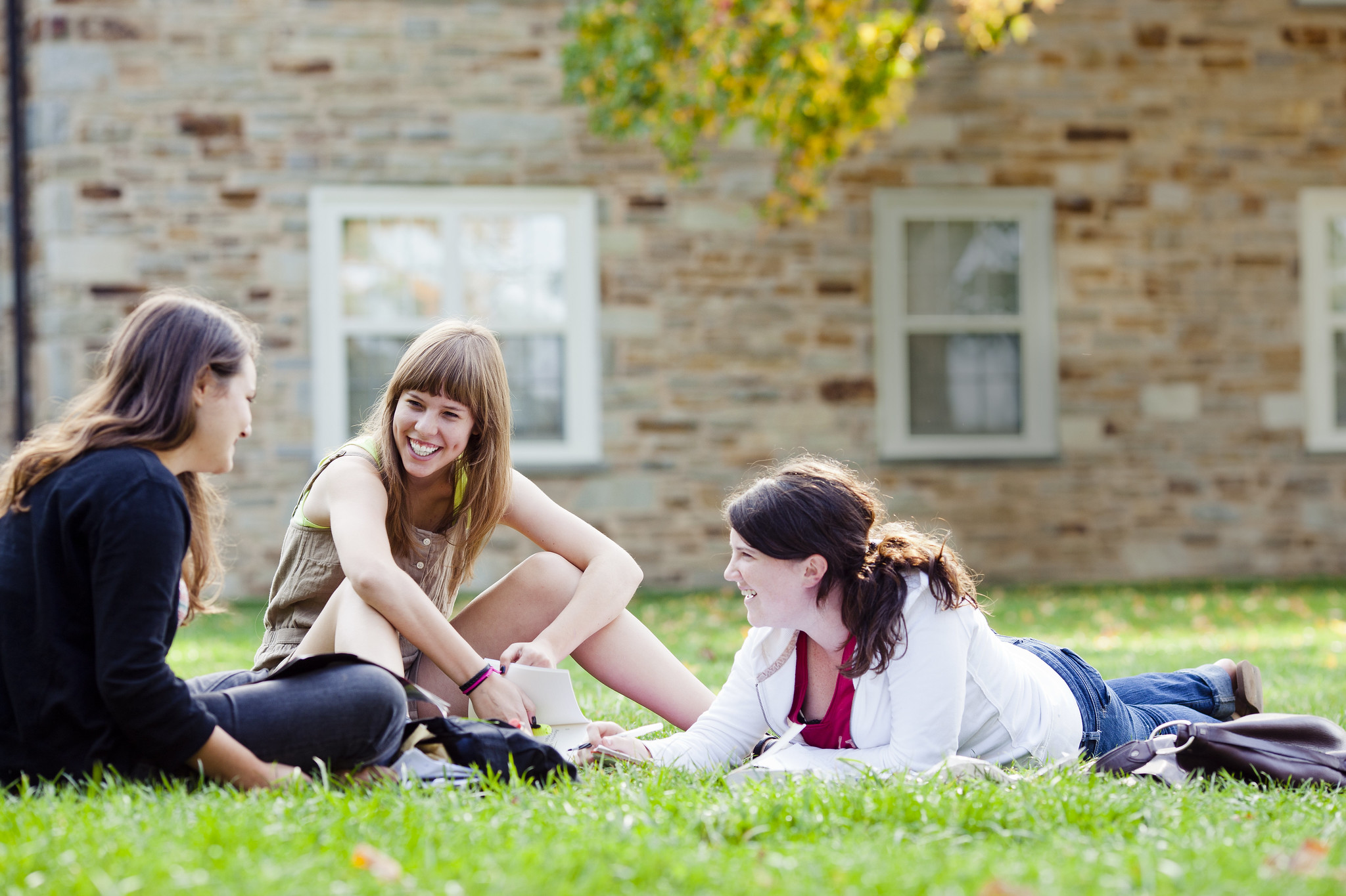 3 students hang out on the grass